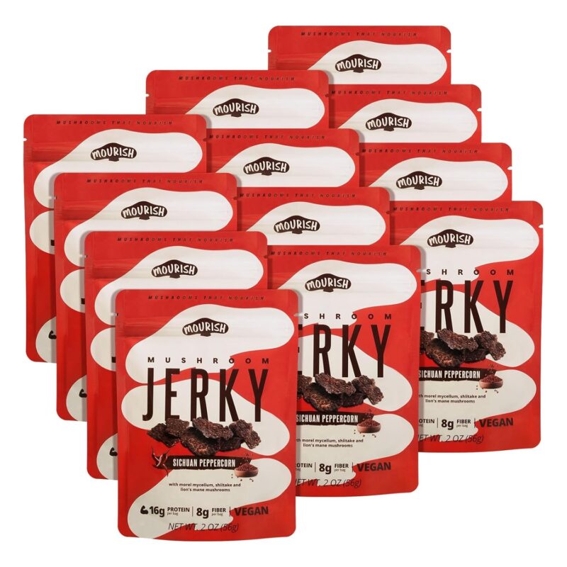 Mourish Plant-Based Mushroom Jerky, Sichuan Peppercorn, High-Fiber Mushroom Snack, Low-Fat On the Go Snack, Soy-Free Vegan Jerky for Outdoor, Travelling, Office, School, 12 Pack (2 oz)