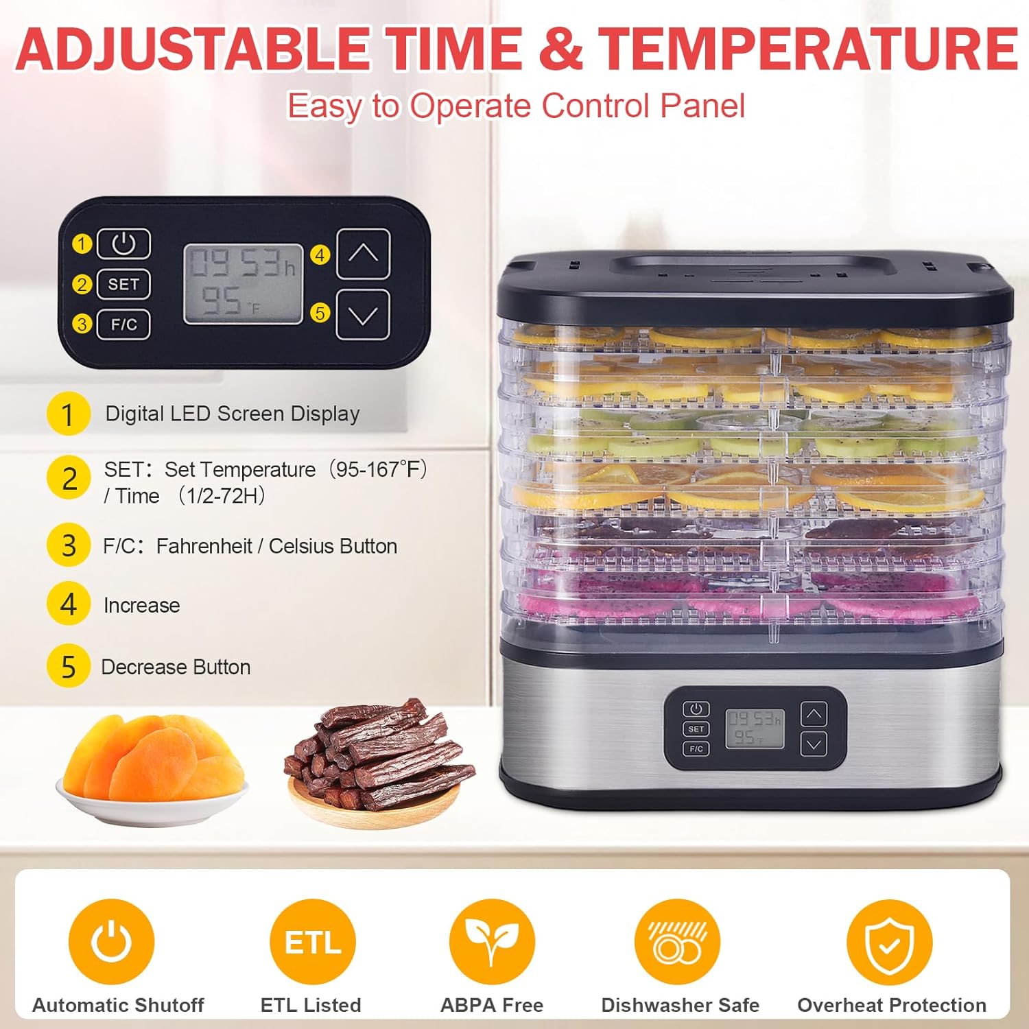 71YSfyBlfCL._AC_SL1500_.jpg HOPERAN Food Dehydrator, 6 Trays Dehydrator with 72H Timer & 95-167℉ Temperature Control & LED Display, Dehydrators for Food and Jerky, Fruits, Herb, Veggies, Pet Treat, BPA-Free, Recipe Book Included - Image 3