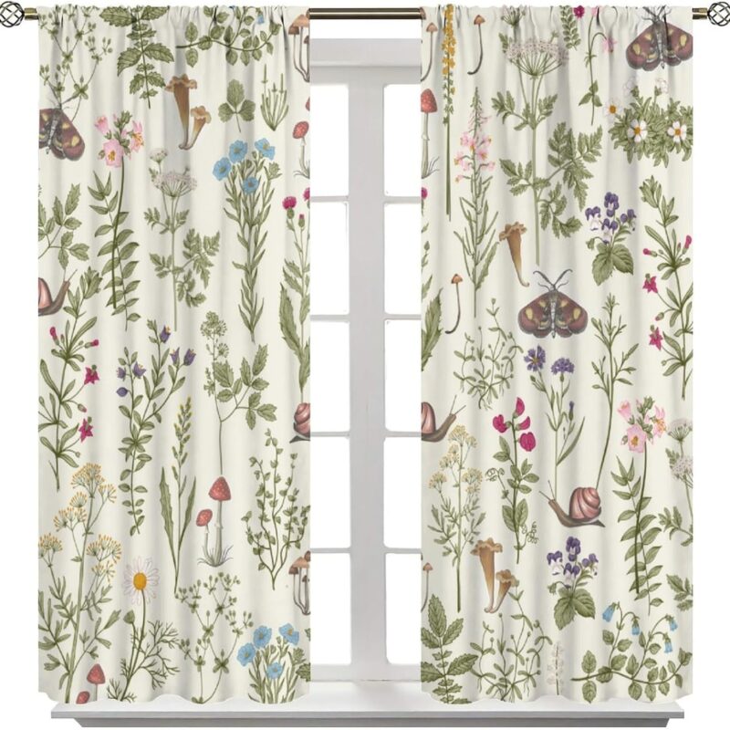 Vintage Mushroom Curtains, Rustic Farmhouse Country Wildflower Botanical Herbs Window Treatment for Living Room Retro Boho Nature Plants Wild Floral Ferns Blackout Drapes for Bedroom Kitchen W84xL84in