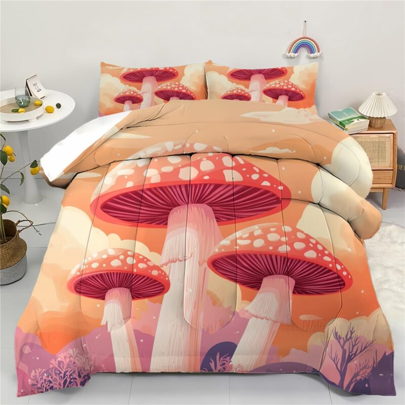 Mushroom Comforter King Size, Cartoon Mushrooms in Pink and Orange Colors Bedding Comforter Set, Fantasy Theme Quilt Set, 1 Comforter + 2 Pillow Cases(Mushroom, King)