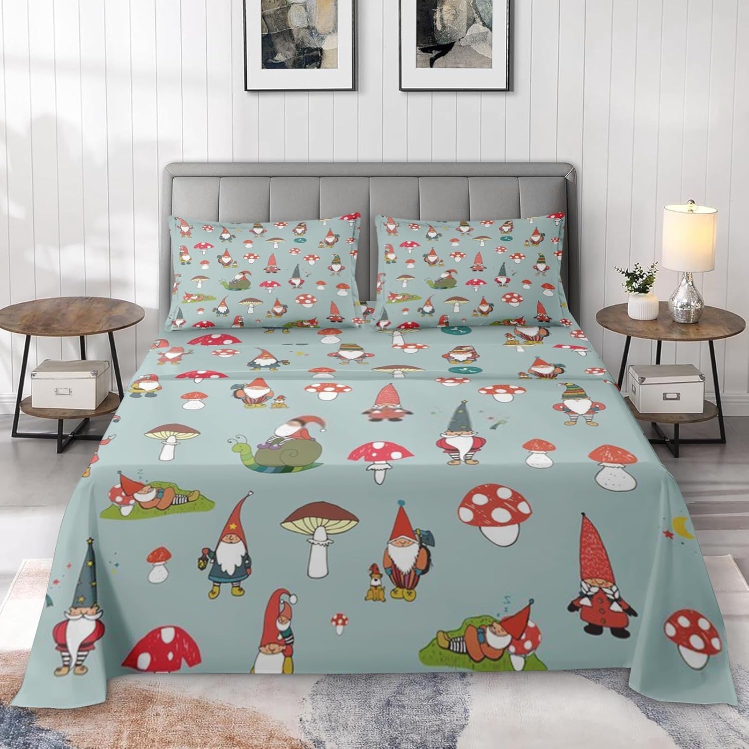 71YbQEMXkML._AC_SL1500_.jpg 4 Pcs Fitted Sheet Set Queen Size with Deep Pocket, Gnome Funny Mushroom Bedding Set with Pillowcase for Kids and Adults, Happy Red Colorful Flat Bed Sheet Set - Image 2