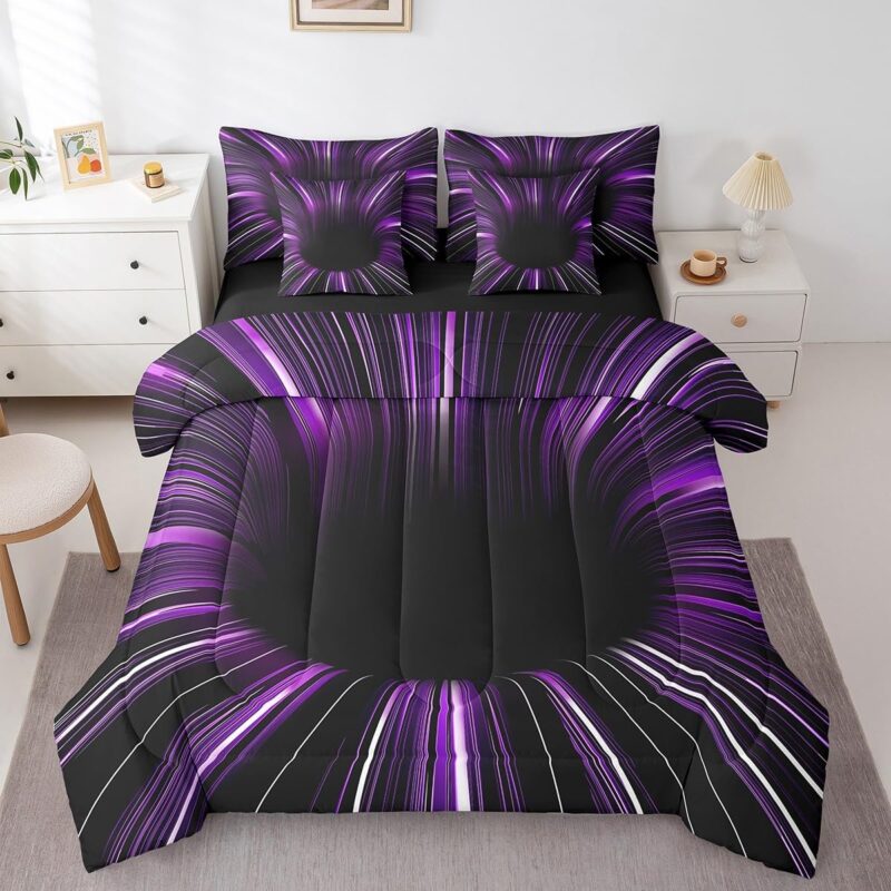 Black Light Purple Bed in a Bag Queen Comforter Set 7 Piece,3D Black Hole Abstract Geometric Bedding Sets,Modern Striped Circle Swirl Sheet Set with Comforter,Geometry Stripes Line Bed Set