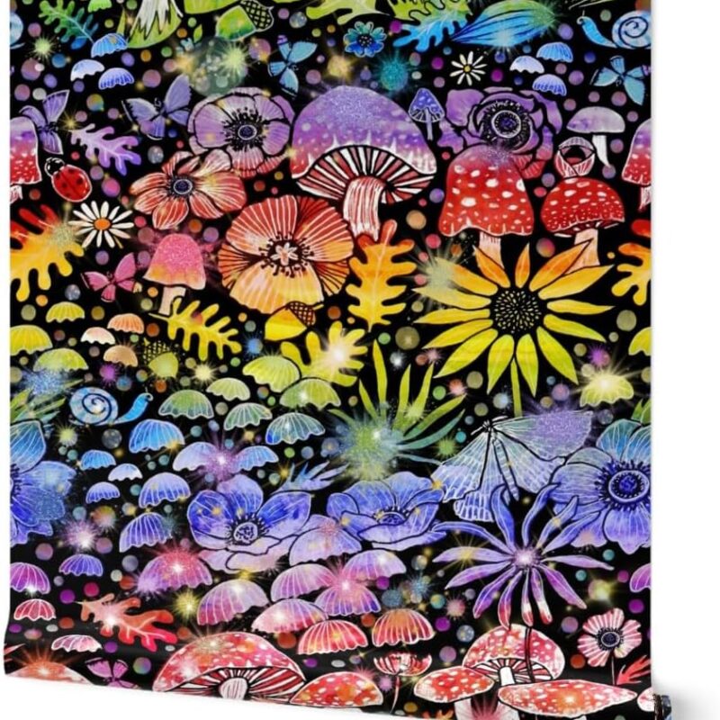 Commercial Grade Wallpaper 27ft x 2ft - Rainbow Mushrooms Fungi Colorful Sunflower Anemone Botanical Woodland Red Blue Traditional Wallpaper by Spoonflower