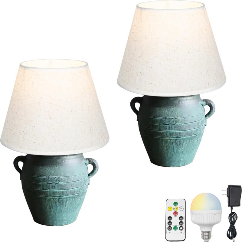 Rustic Terracotta Ceramic Pot White Fabric Mushroom Table Lamp Rechargeable Battery Operated RGB Bulbs by Remote, Wireless Timer and 15 Color Temperature, Two Handles Grey for End Tables