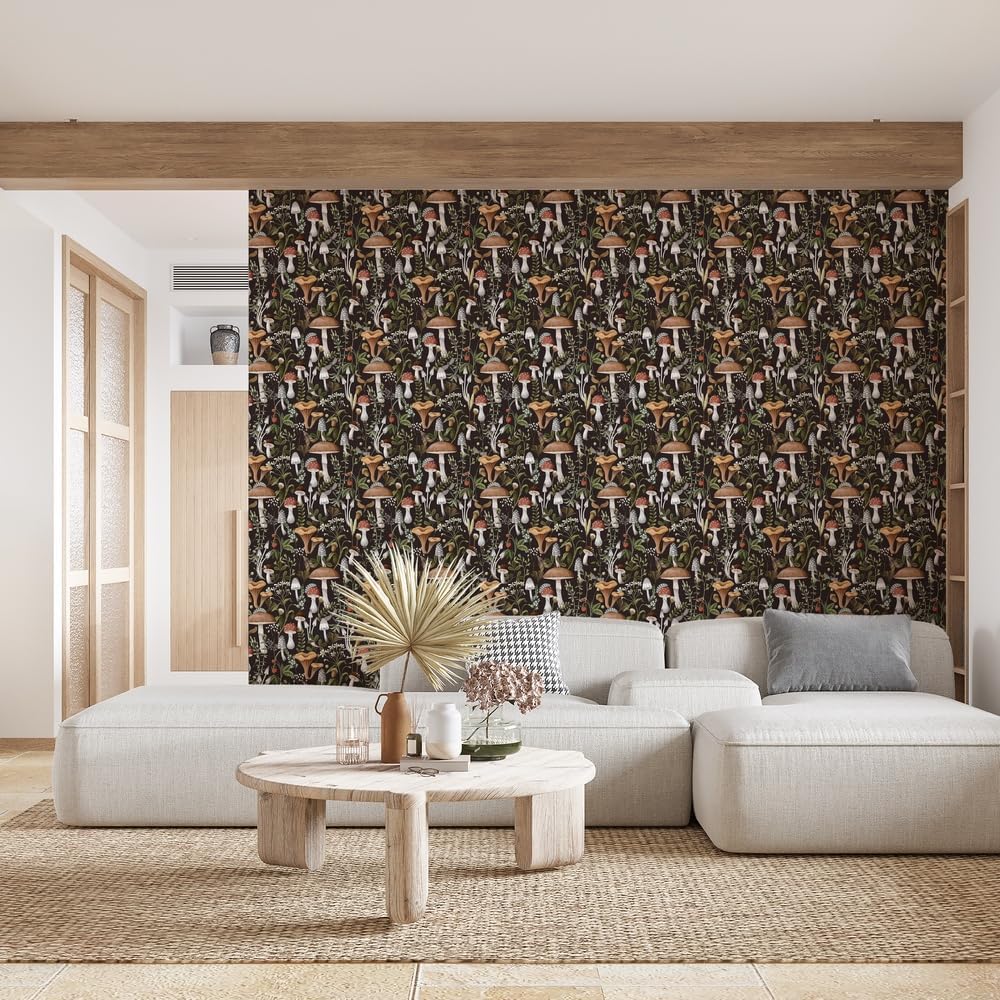 71ZS1MMte3L._AC_SL1000_.jpg Black Boho Mushroom Peel & Stick Vintage Floral Self-Adhesive Retro Removable Wallpaper 17.7"X32.8ft - Image 6