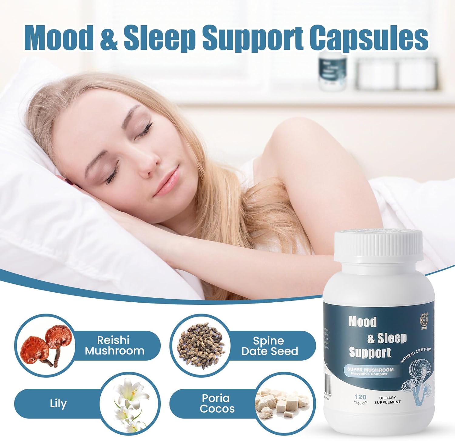 71ZWySIlg1L._AC_SL1500_.jpg SXG Mood & Sleep Support Supplement, Super Mushroom Powder Capsules for Stress Relief, Sleep Aid, Organic Reishi Mushroom Extract, 120 Vegan Caps (30 Servings) - Image 7
