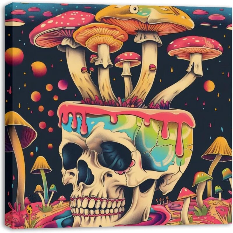 Framed Canvas Wall Art Mystical Skull Mushrooms Oil Painting Artwork Picture Posters Wall Decor for Living Room Bedroom Bathroom Office Home Decoration 24x24 in