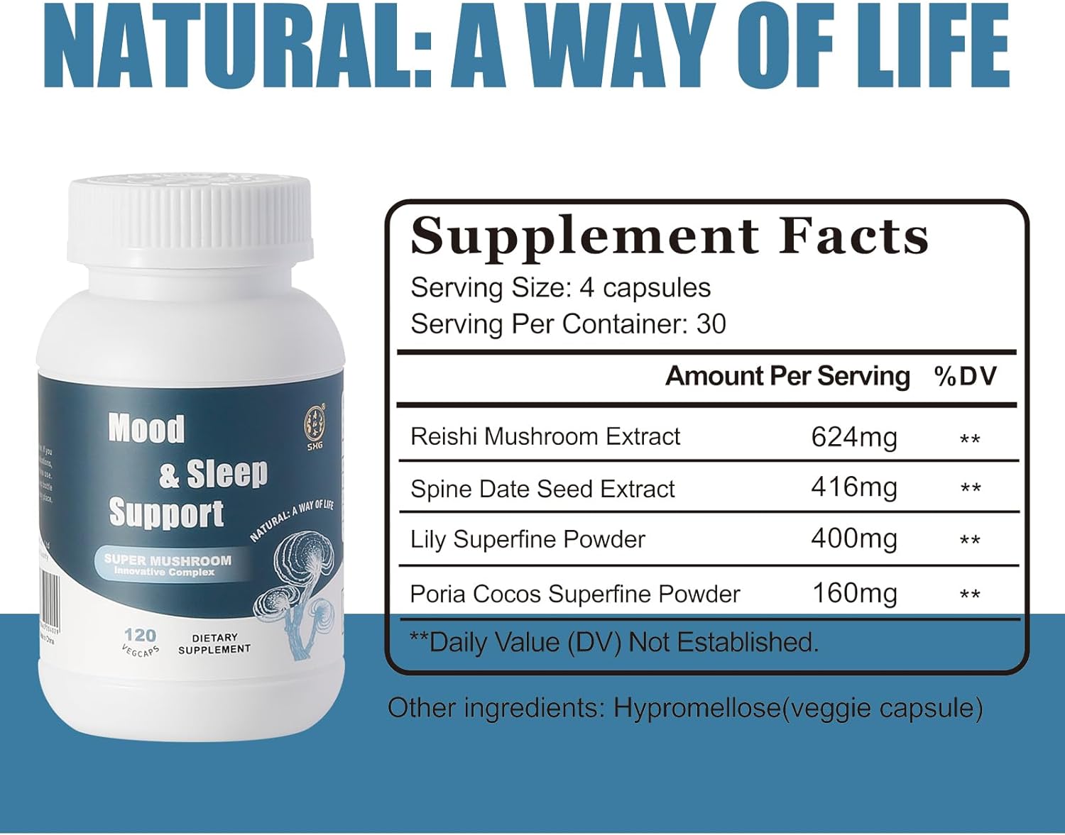 71ZdOrf100L._AC_SL1500_.jpg SXG Mood & Sleep Support Supplement, Super Mushroom Powder Capsules for Stress Relief, Sleep Aid, Organic Reishi Mushroom Extract, 120 Vegan Caps (30 Servings) - Image 4