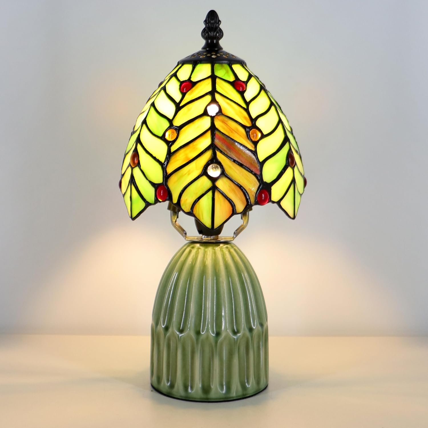 71aNlAt6cNL._AC_SL1500_.jpg Small Tiffany Mushroom Table Lamp Stained Glass Desk Lamp Ceramic Base Antique Accent Lamp 6X6X12.5 Inch(Brown Green Coconut Leaves) - Image 4