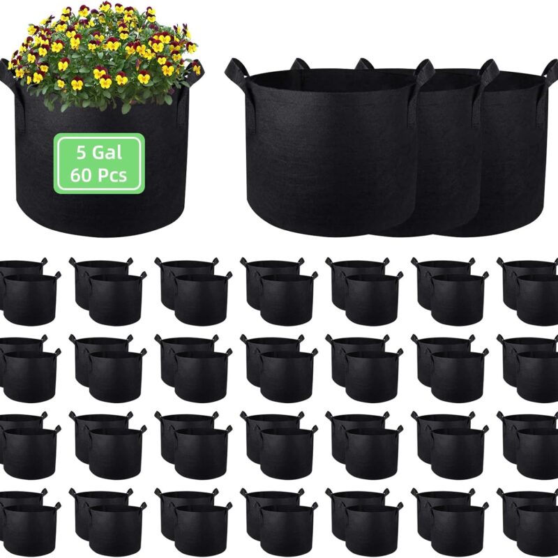 5 Gallon Garden Grow Bags, 60 Pack 5 Gal Planter Bags Fabric Pot Bags, Nonwoven Grow Bags Heavy Duty Aeration Fabric Pots with Handles, Garden Fabric Planters for Vegetables Flowers(5 Gal)