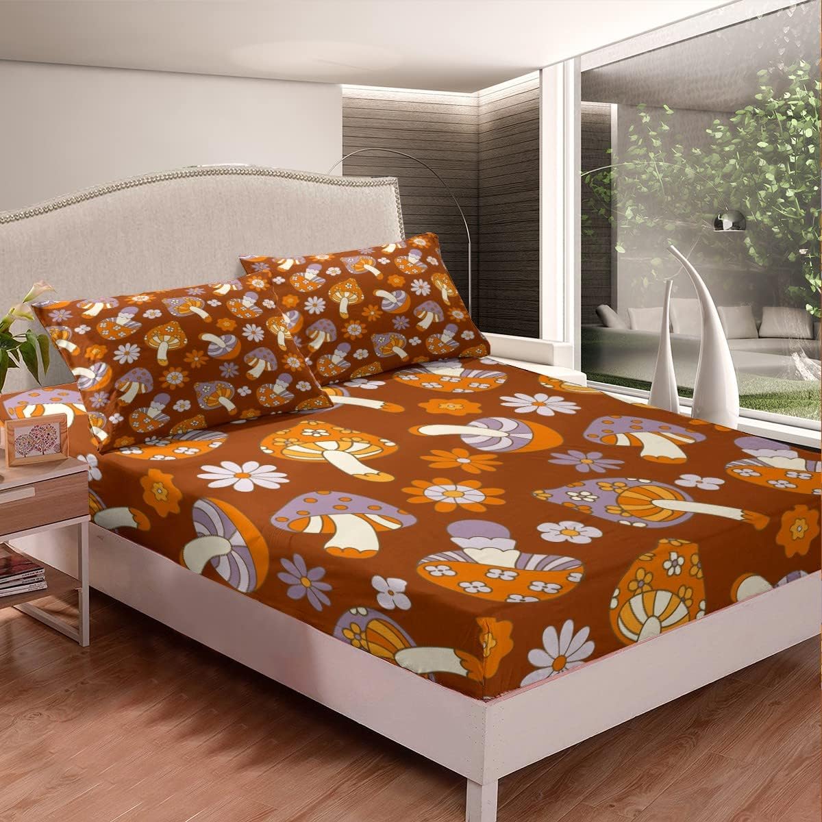 71aw1pEdOjL._AC_SL1200_.jpg Feelyou Mushroom Bed Sheets Set Groovy Flower Sheets with Deep Pocket Fitted Sheet Retro Botanical Boho Sheet Set for Kids Adults Vintage Psychedelic Bedding Set Ultra Soft Room Decor 4Pcs Queen - Image 3