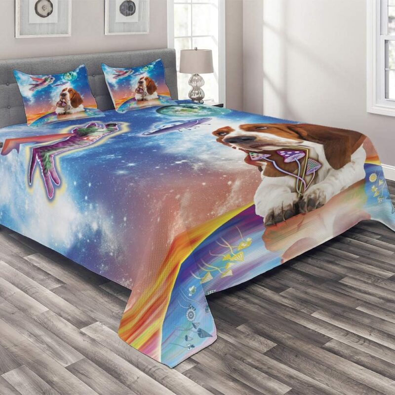 Ambesonne Space Cat Coverlet, Cosmic Animals Flying Kitten Dog Mushroom UFO Planet Earth Vibrant Composition, 3 Piece Decorative Quilted Bedspread Set with 2 Pillow Shams, King Size, Multicolor