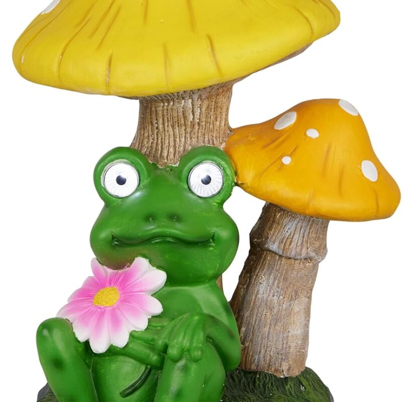 Alpine Corporation ZEN388SLR-L Frog Under Mushrooms Statue with LED Lights, Solar-Powered LED Frog Garden Statue, 24" H, Green