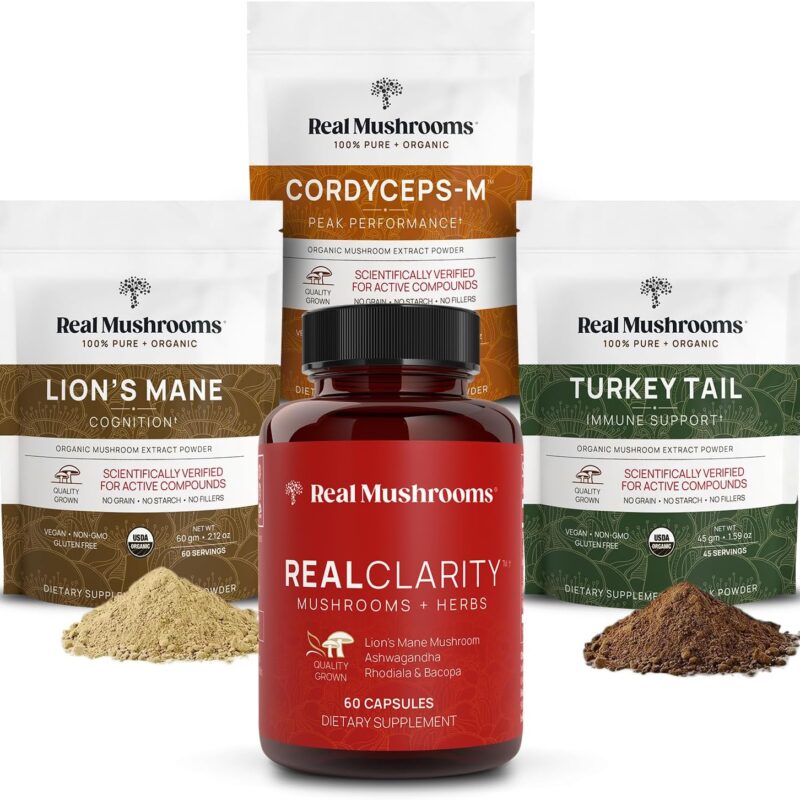 Real Mushrooms RealClarity (60ct) w/Turkey Tail, Lions Mane & Cordyceps Powder Bundle - Mushroom Supplement for Cognitive Health, Immune Support, Energy & Vitality - Vegan, Non-GMO