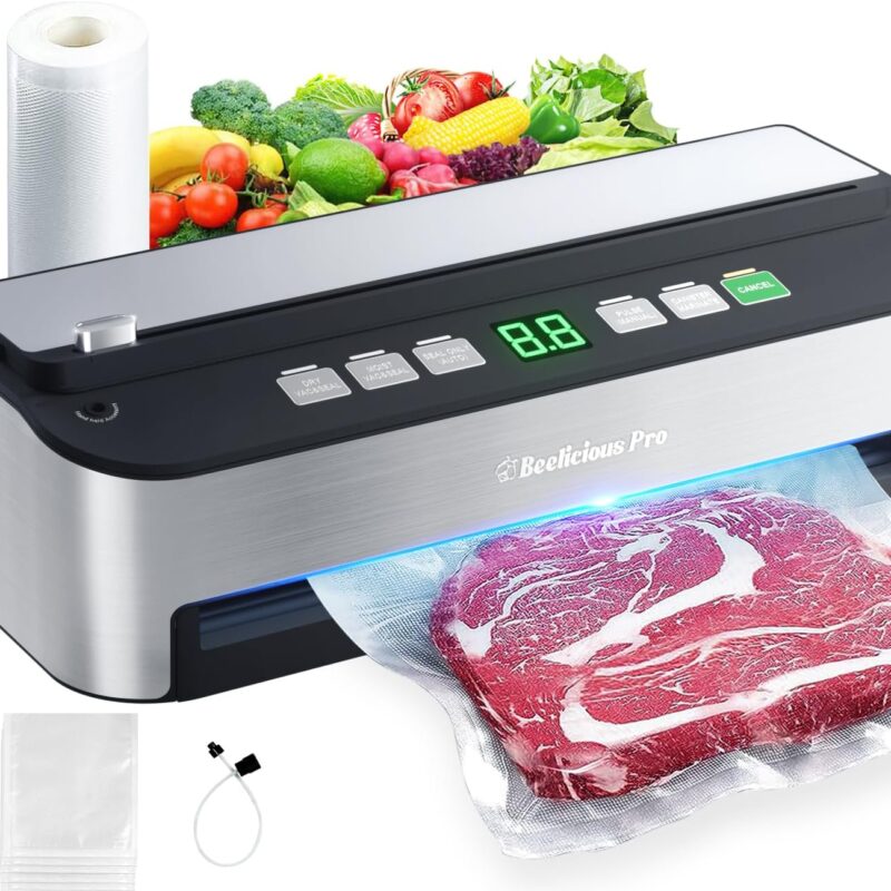 Vacuum Sealer Machine, Beelicious 85KPA Fully Automatic 8-IN-1 Food Sealer with Bags Storage, Moist Mode and Air Suction Hose | Digital Countdown | Sous Vide，Build-in Cutter