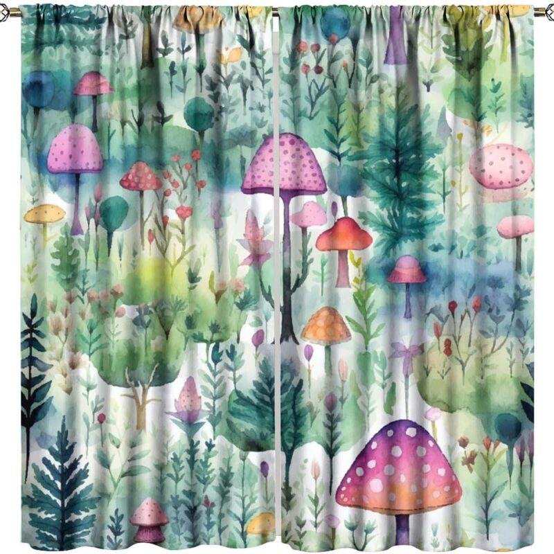 Mushroom Blackout Window Curtains, Watercolor Mushrooms Cute Flowers Pattern Window Drapes, for Living Room Bedroom 31.5(W)*63(L) 2 Panels