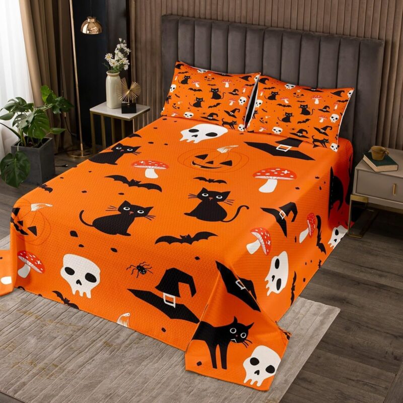 jejeloiu Halloween Decorations Bedspread Witch's Hat Black Bats Cats and Pumpkins Print Coverlet Set King Size for Kids Boys Girl Mushroom Skull Quilted Coverlet Burnt Orange Quilted Bedroom Decor