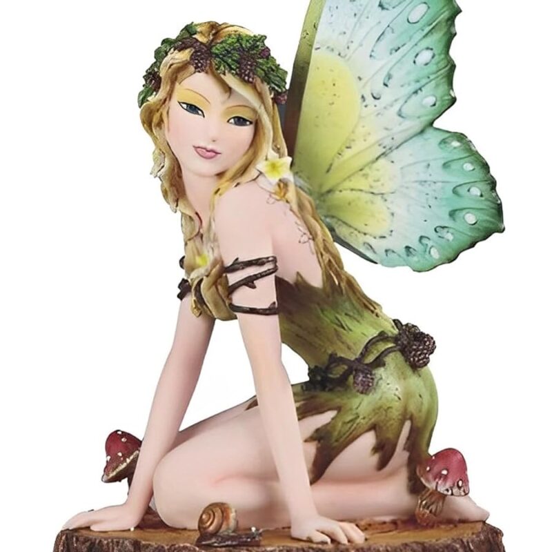ICE ARMOR 10" H Green Earth Fairy Sitting on Tree Trunk with Mushroom Statue Fantasy Decoration Figurine