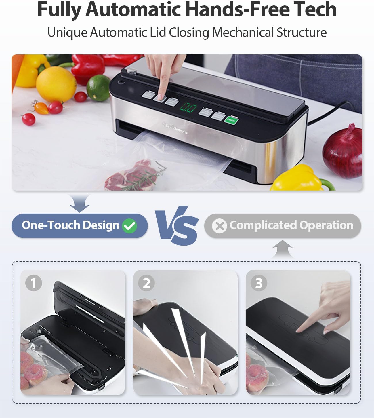 71dLnoFdwZL._AC_SL1500_.jpg Vacuum Sealer Machine, Beelicious 85KPA Fully Automatic 8-IN-1 Food Sealer with Bags Storage, Moist Mode and Air Suction Hose | Digital Countdown | Sous Vide,Build-in Cutter - Image 8