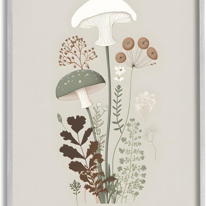 Stupell Industries Soft Mushrooms on Grey Framed Giclee Art by Petals Prints Design