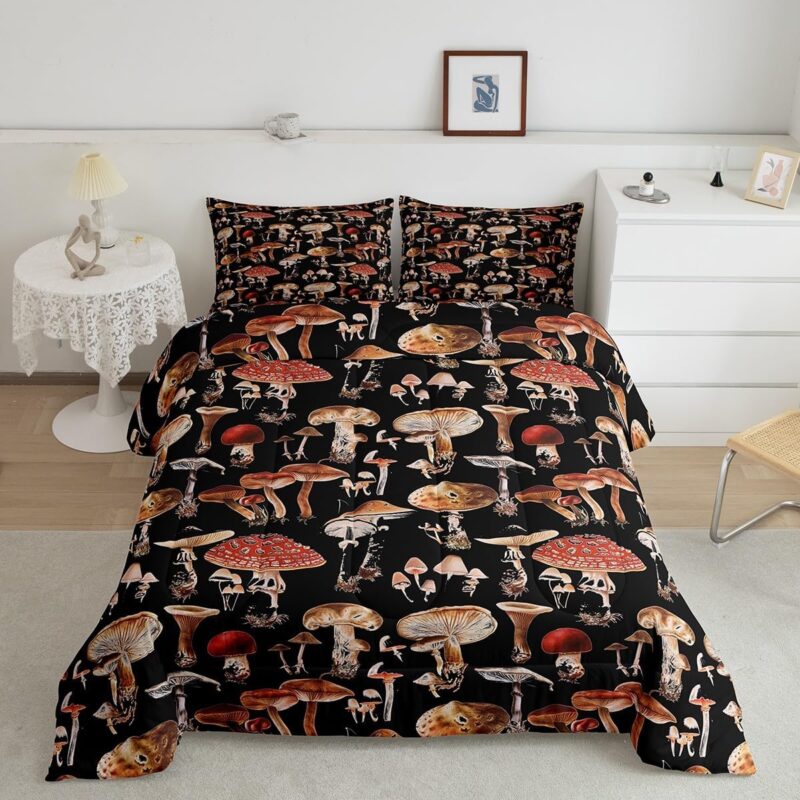 Feelyou Cute Mushroom Decor Comforter Set Kids Cartoon Mushrooms Comforter for Boys Teens Kawaii Fungus Bedding Set Wild Mushroom Stuff Black Red Duvet Set Twin Size Quilt Set with 1 Pillow Case