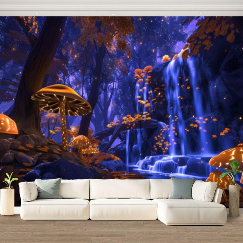 Wall Mural Blacklight UV Neon Nature Plant Glowing Mushrooms Waterfall Foliage Peel & Stick Wallpaper Removable Self-Adhesive Large Wall Sticker Wall Decor for Bedroom Living Room Nursery 100"x144"