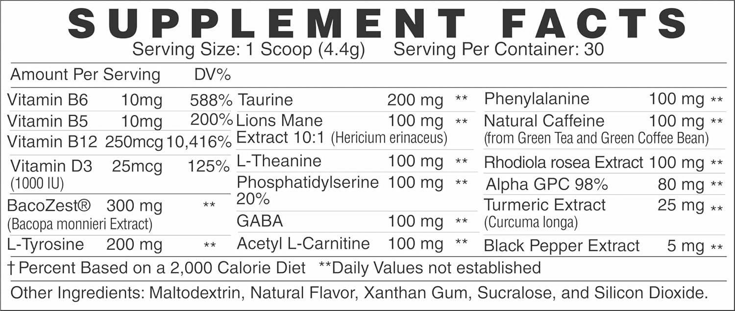 71dZz-rqnOL._AC_SL1500_.jpg GMU SPORT Nootro-Prime Brain Boost - Focus Brain Supplement - Mushroom Supplement Powder with Alpha GPC, Nootropic Brain Supplements for Memory and Focus with Lions Mane, 30 Servings, Tropical Flavor - Image 4