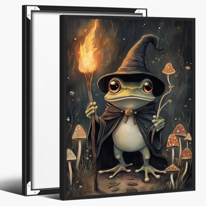 Frog Wizard Wall Art – Fantasy Forest Illustration with Torch, Cloak, Mushrooms and Magic Staff, Whimsical Frog Poster for Mystical Room Decor-16x20Inch Ready to Hang(Black Aluminum Frame)