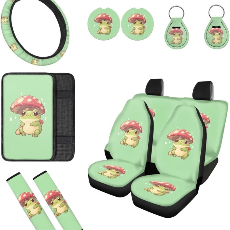 Biyejit Cartoon Frog Mushroom Car Seat Covers Full Sets with Steering Wheel Covers, Seat Belt Cover, Console Armrest Pads, Auto Keychains, Car Coasters, for Most SUV Truck, Set of 12