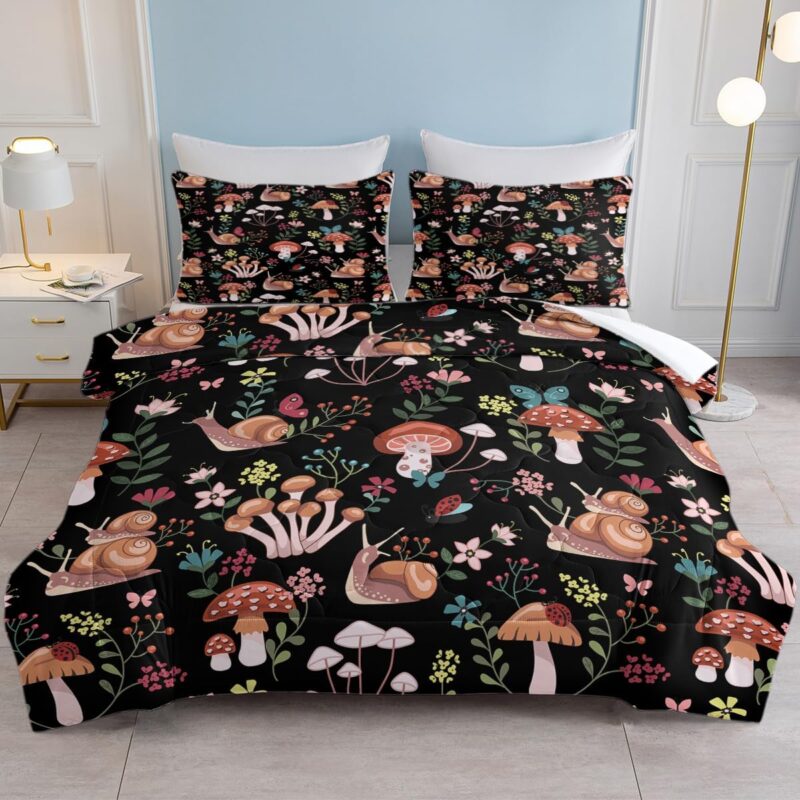 SOULZZZ Floral Mushrooms Printed Girls Comforter Set King Brown Snail Mushroom Bedding Set Red Pink Flower with Green Leaf Mushroom Decor Bed Set 1 Comforter and 2 Pillowcases