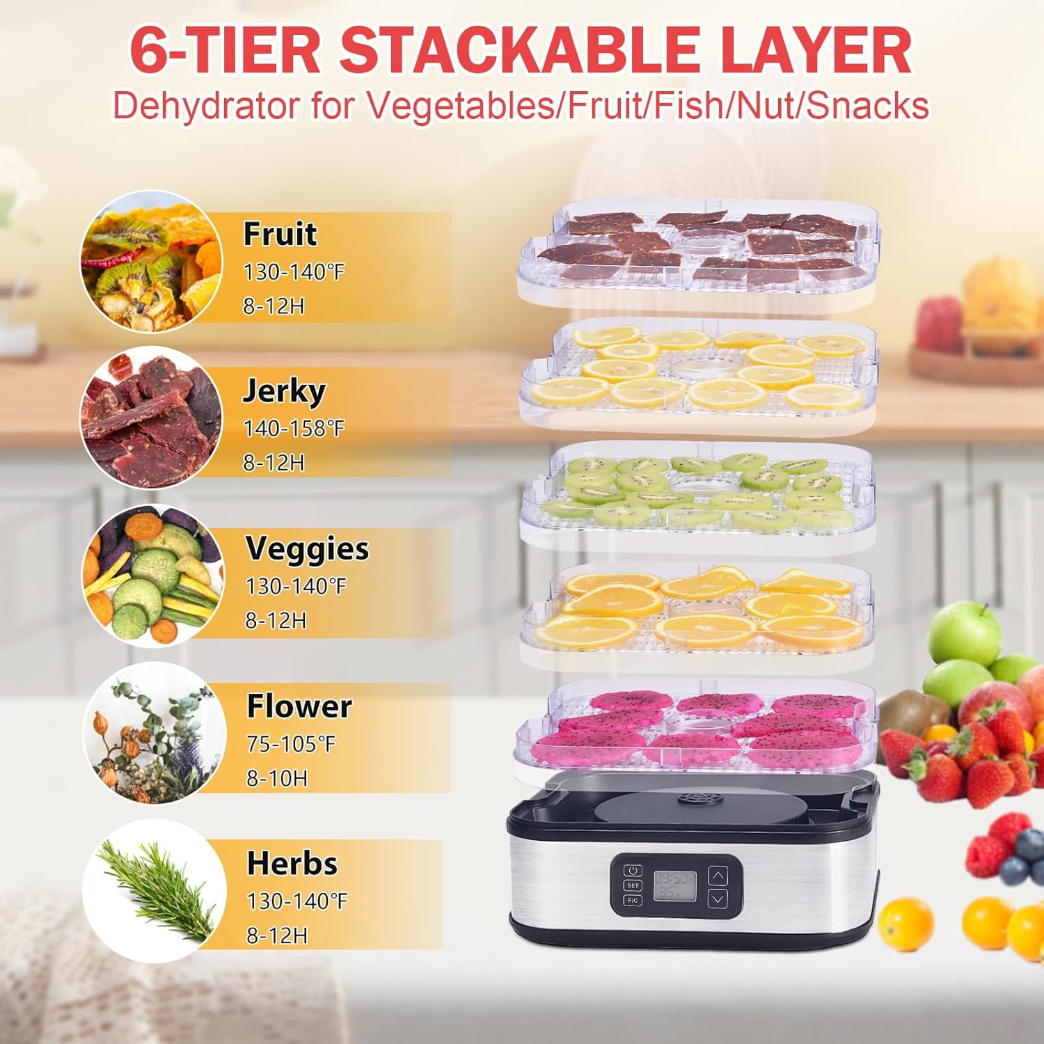 71f9pqQEoqL._AC_SL1500_.jpg HOPERAN Food Dehydrator, 6 Trays Dehydrator with 72H Timer & 95-167℉ Temperature Control & LED Display, Dehydrators for Food and Jerky, Fruits, Herb, Veggies, Pet Treat, BPA-Free, Recipe Book Included - Image 4
