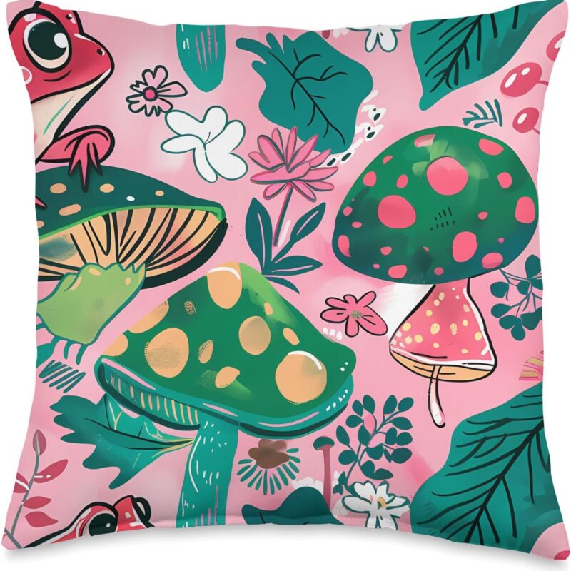 Pink Pop Art Paisley Cute Cottagecore Frog and Mushroom Throw Pillow