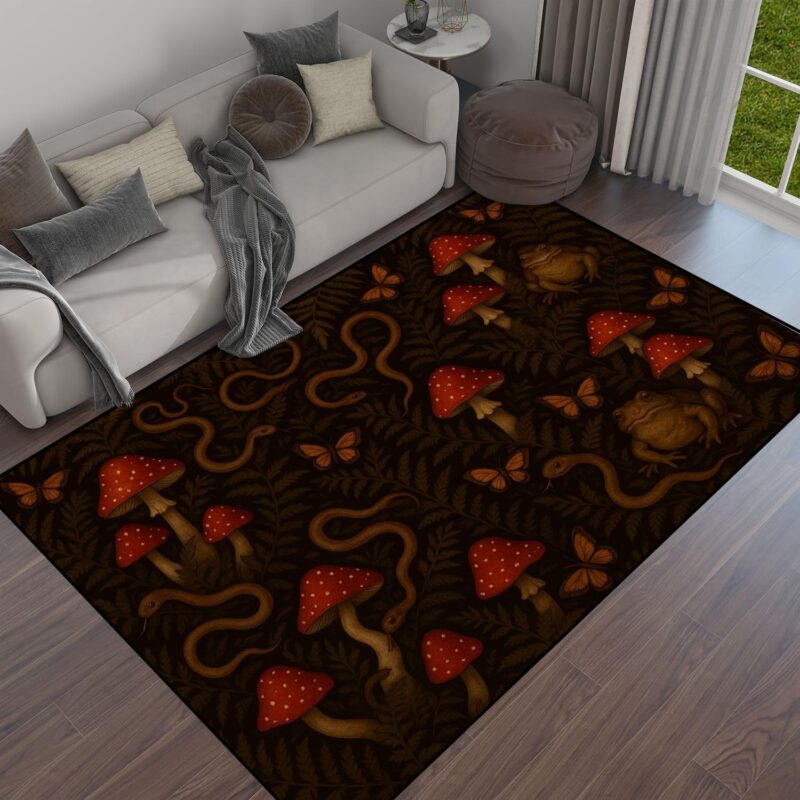 Whimsical Seamless Gothic Vintage Frog Toad red hat Mushroom Fern Area Rug Outdoor Patio Rug Play Mat Modern Floor Carpet Non-Slip Home Decor Living Room Kids Bedroom Nursery, 6x9 ft