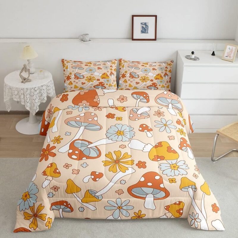 Bohemian Duvet Insert Exotic Mushroom Rainbow Comforter Set,60s 70s Groovy Flower Bedding Set Hippy Girl Flower Quilt Queen,Mens Women's Halloween Floral 1960's 1970's Hippie Bedroom Decor