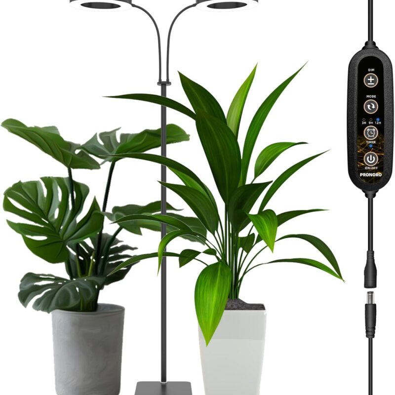 Grow Light, 2-Head LED Floor Plant Growing Lamp, Full Spectrum Plant Light for Indoor Plants, Extended&Built-in Power Cord, Automatic On/Off Timer, 6-Level Dimming, Adjustable Height of 63 in