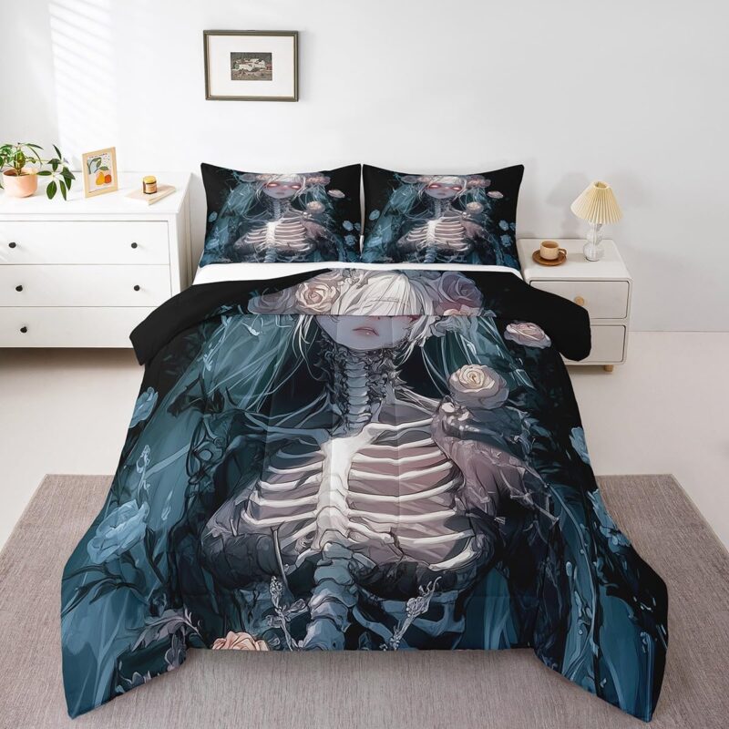 Erosebridal 3D Anime Girl Bedding, Skeleton Skull Bones Comforter Gothic Style Duvet Insert Full Size for Girls Young Woman 3 Pieces Horror Floral Flowers Comforter with 2 Pillowcases