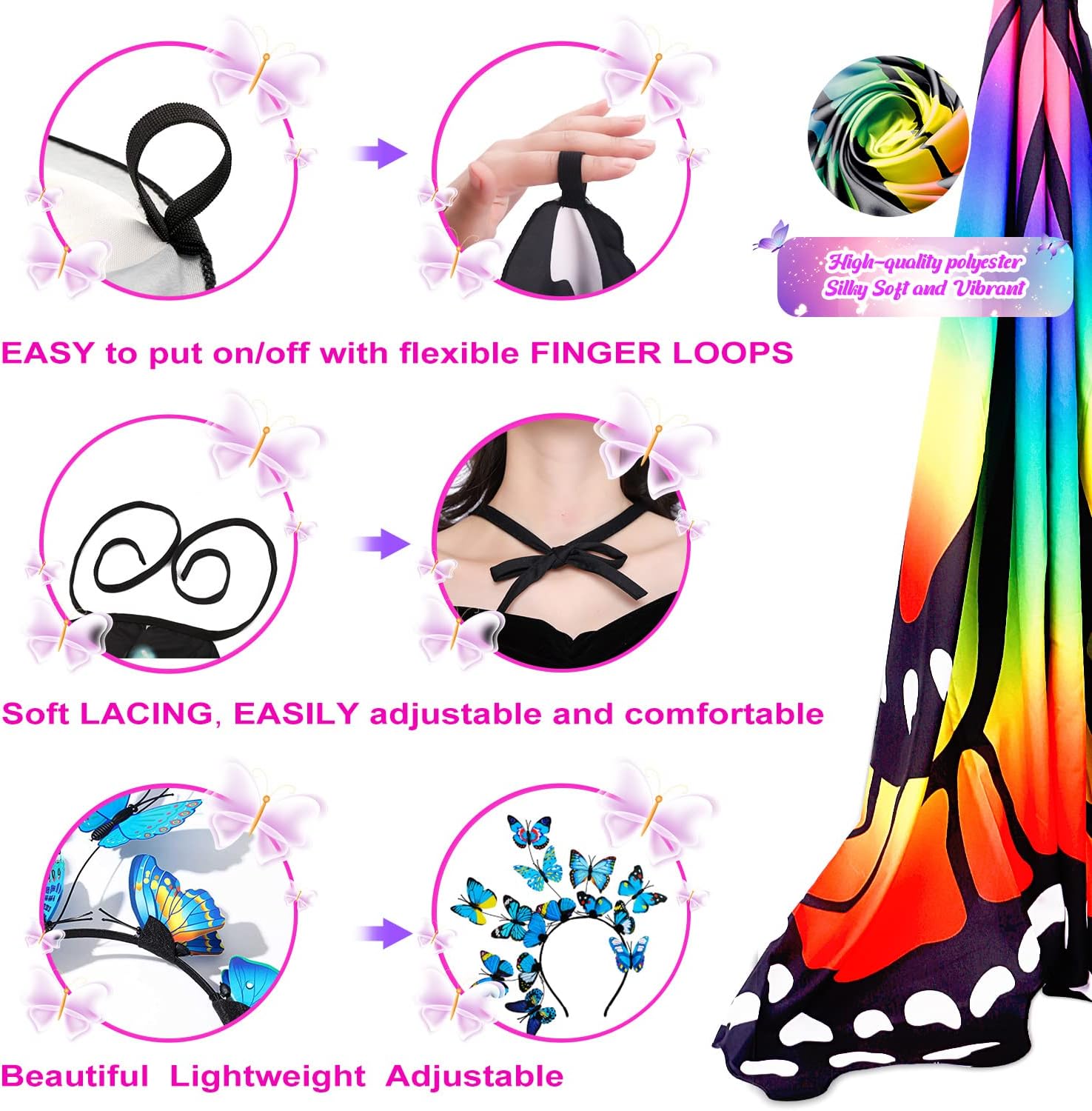 71gAZRVWsL._AC_SL1500_.jpg Butterfly Wings Double-Sided, Fairy Wings for Adults, Halloween Costumes for Women, 3PCS Butterfly Cape Set. - Image 5