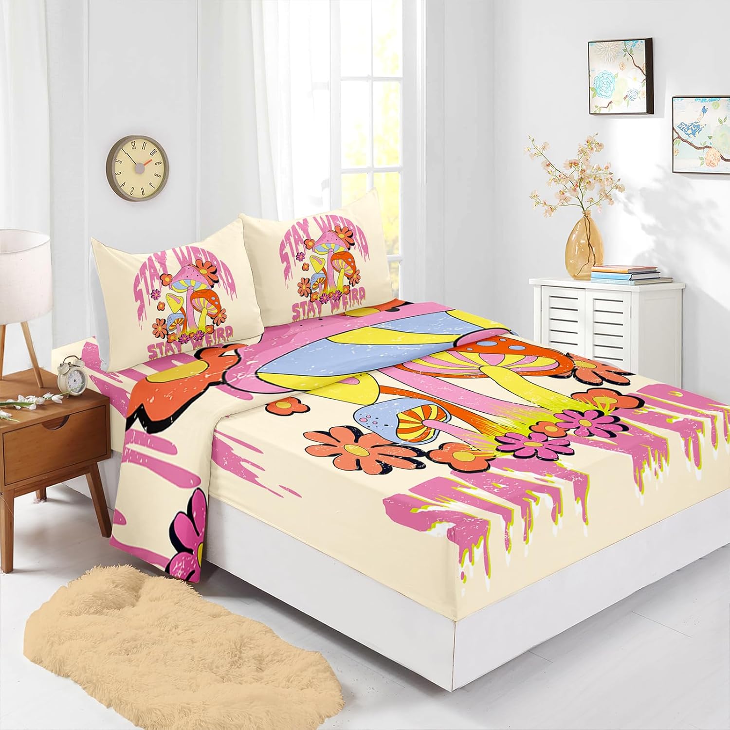 71gEVvOMvNL._AC_SL1500_.jpg Axolotl Pink Mushroom Bedding - Queen Size, Floral Sheets for Kids & Teens, 1 Flat Sheet, 1 Fitted Sheet, 2 Pillowcases - Image 3