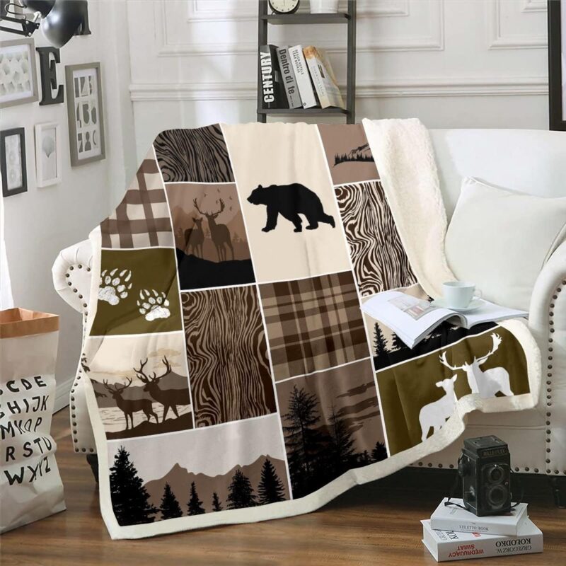 Hunting Deer Fleece Blanket For Teens, Rustic Farmhouse Throw Blanket Queen Size, Country Moose Bear Plush Bed Blanket For Kids Boys Adult, Retro Buffalo Buffalo Flannel Blanket For Bed Couch, Brown
