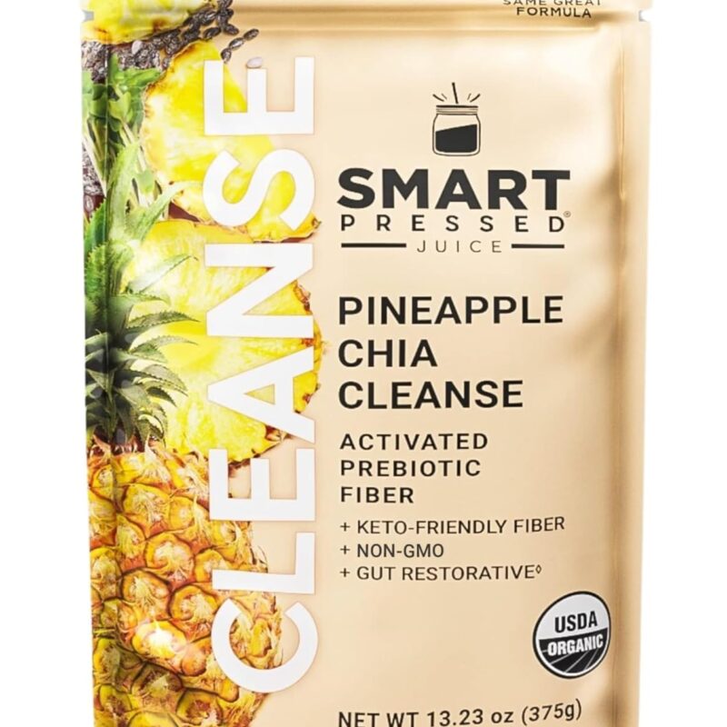 SMART Pressed Juice Pineapple Chia Cleanse | Prebiotic Superfood Plant Based Fiber with Vegan Probiotics & Enzymes | Pineapple Juice Cleanse for Women & Men | 30 Servings