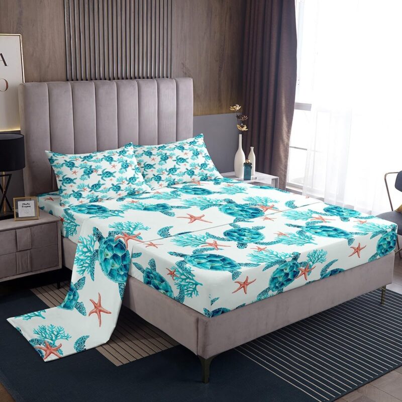 Erosebridal Sea Turtle Bed Sheets King Size,Green Tortoise Coastal Bedding Set for Kids Boys Girls Bedroom,Ocean Animal Sheet Set Coral Starfish Sealife 1 Fitted Sheet 1 Flat Sheet 2 Pillow Cases