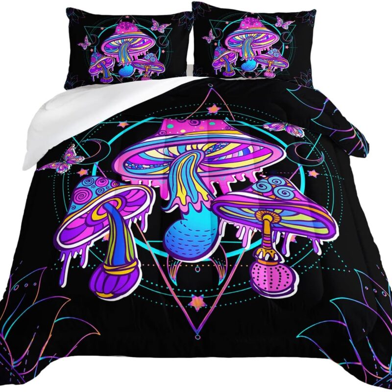 HOSIMA Mushroom Bedding Comforter Sets, Forest Fungi Plant Theme Cartoon Butterfly Mushroom Decor Toddler Comforter Set,Magic Hexagram Black Full Size Comforter Sets with 2 Pillowcases.