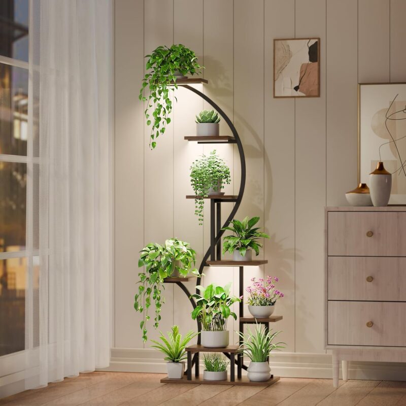 Plant Stand Indoor with Grow Lights - 8 Tier Corner Plant Shelf , 65'' Lighted Plant Rack for Indoor Plants Multiple Growing, S-Shaped Metal Plant Holder for Living Room, Patio, Balcony, Decor (Black)