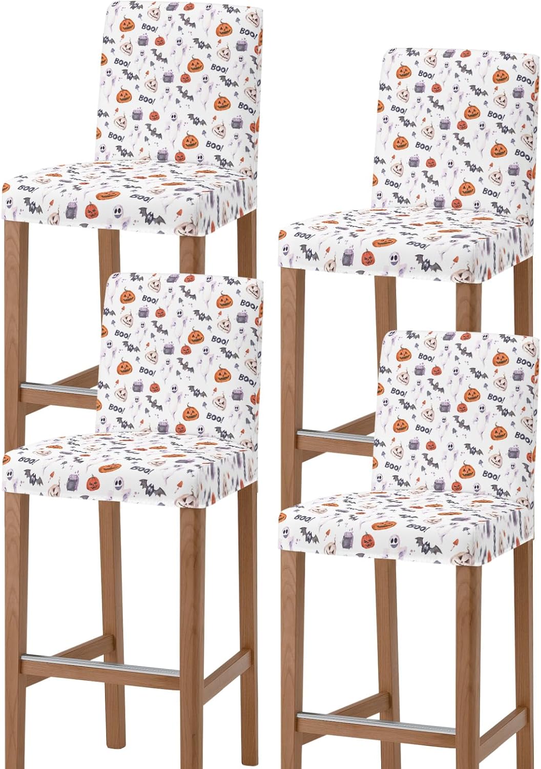 71hq6SauhyL._AC_SL1500_.jpg Halloween Bar Stool Cover Set of 4, Pumpkin Ghost Bat Mushroom Boo White Stretch Bar Chair Cover, Removable Washable Pub Counter Stool Chair Slipcover for Kitchen Dining Room Pub Cafe