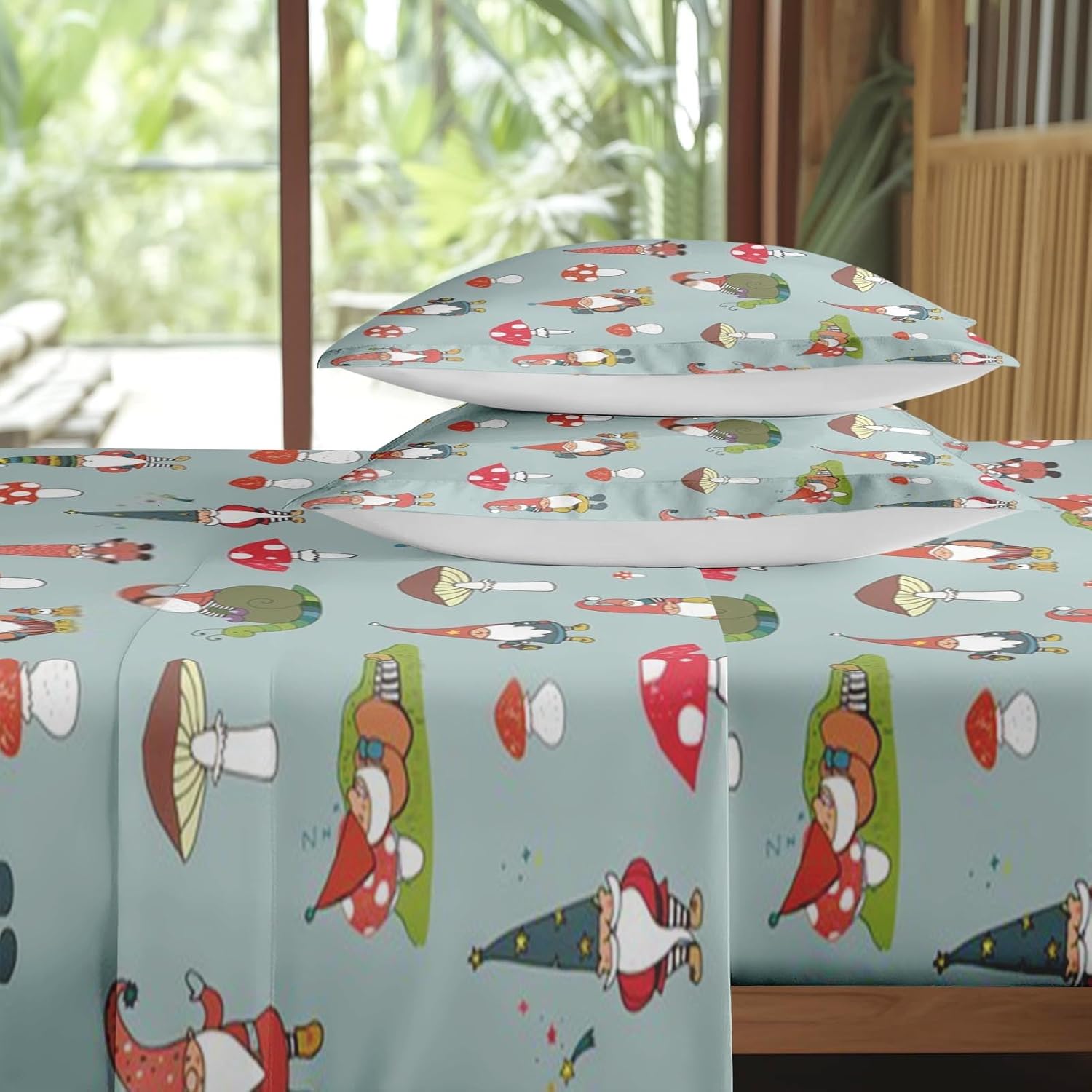 71hsHUJ6-L._AC_SL1500_.jpg 4 Pcs Fitted Sheet Set Queen Size with Deep Pocket, Gnome Funny Mushroom Bedding Set with Pillowcase for Kids and Adults, Happy Red Colorful Flat Bed Sheet Set - Image 5