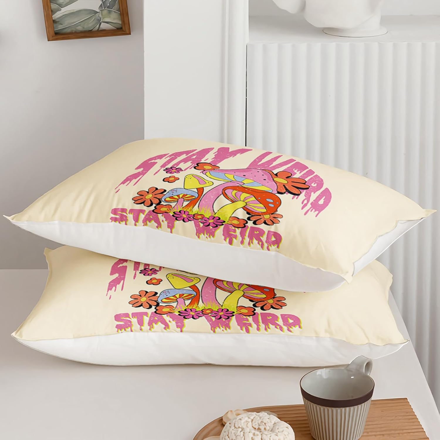 71i1f2y7VL._AC_SL1500_.jpg Axolotl Cartoon Mushroom Comforter Set Queen,Colorful Mushrooms Bedding Girls Bedding Set,Floral Comforter Set Red Pink Flower,Cute Mushroom Bedding Set For Kids Boys Girls Teens,1 Quilt 2 Pillowcases - Image 7