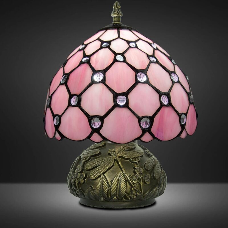 Stained Glass Lamp,Small Tiffany Style Table Lamp,8 inch Pink Art Deco Tiffany Mushroom Lamp for Bedside, Living