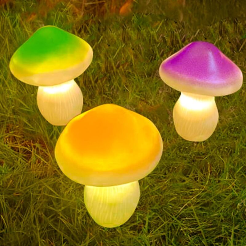 Solar Garden Statue Décor, Plastic Three Colorful Mushrooms Figurines Sculpture Yard Art Ornament with Solar Powered Lights, for Fairy Garden Patio Yard Lawn Balcony