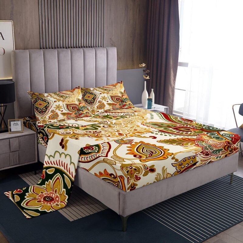 Erosebridal Flowers Sheets Boho Floral Bed Sheets Set for Kids Child Boys Girls,Exotic Baroque Sheet Set Gothic Vintage Illustration Artwork Queen Bed Set,European Style Nordic Bohemian Decor