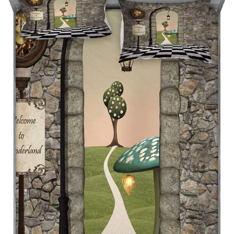 Ambesonne Alice in Wonderland Fitted Sheet & Pillow Sham Set, Welcome Wonderland Black and White Floor Landscape Mushroom Lantern, Decorative Printed 3 Piece Bedding Decor Set, Queen, Black Green